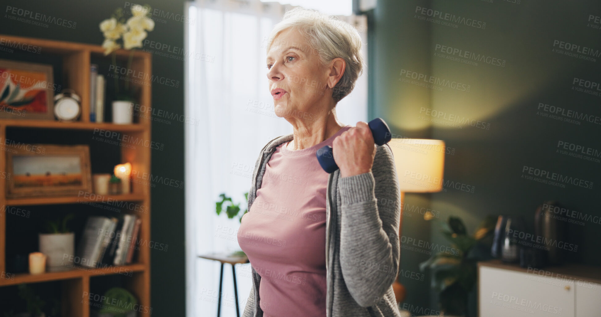 Buy stock photo Senior woman, weightlifting and arms with dumbbells in exercise, workout or strength at home. Elderly female person with light weights for lifting or warm up in fitness, practice or training at house