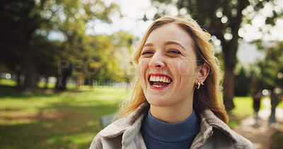 Buy stock photo Student, excited and smile outdoor in park for study, mental health and scholarship pride in morning. Woman, happy and knowledge at campus, university and college for education, learning and school