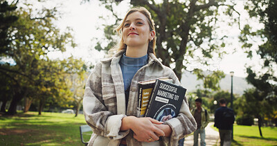 Buy stock photo Student, woman and books in park, happy and thinking on walk for education, learning and development at campus. Person, smile and outdoor with perspective for scholarship at university in Germany