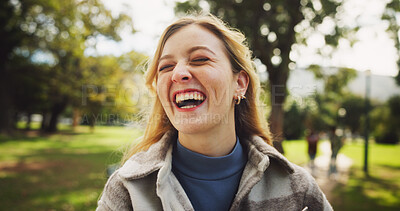 Buy stock photo Female student, happy and laughing in park for study opportunity, knowledge and school with smile. Woman, excited and sunshine at campus, university or college for education, learning and scholarship