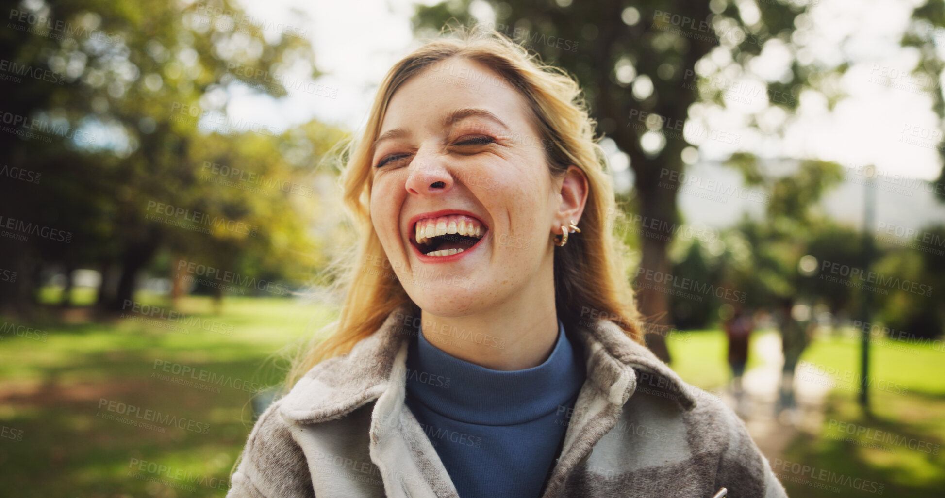 Buy stock photo Female student, happy and laughing in park for study opportunity, knowledge and school with smile. Woman, excited and sunshine at campus, university or college for education, learning and scholarship