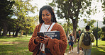 Student, woman and books in park with phone on walk with education, learning or thinking for development at campus. Person, reading and app on path, social media and scholarship at college in Brazil