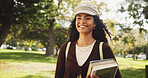 Student, woman and outdoor in portrait, books and walk to class for education, learning and development at campus. Person, smile and outdoor at park with bag for scholarship at university in Brazil