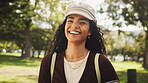 Student, books and portrait in park for learning, mental health and fresh air with backpack outdoor. Woman, happy and nature at campus, university or college for education, study and scholarship