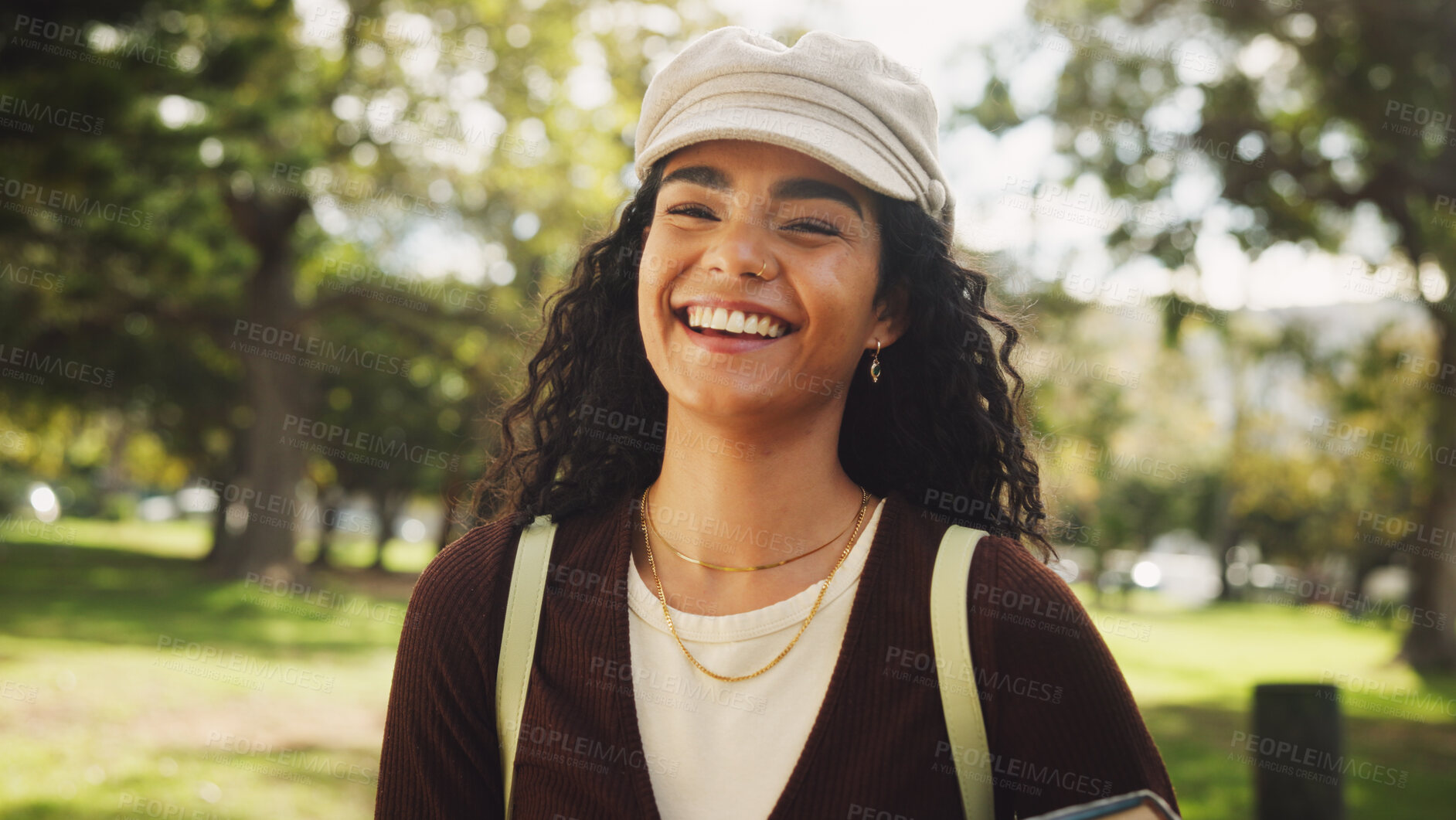Buy stock photo Student, school and portrait in park for learning, academy and scholarship opportunity with backpack. Woman, happy and outdoor at campus or college for education, study and university in Portugal