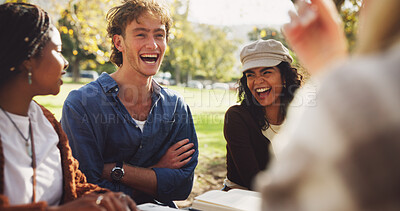 Buy stock photo Happy, group and friends to study outdoor on school break, discussion and laughing of funny joke in summer. Smile, people and students with laptop, books and education for learning together at campus