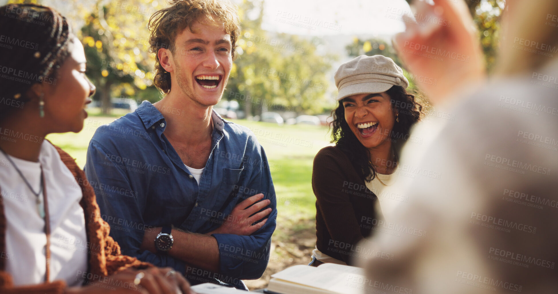 Buy stock photo Happy, group and friends to study outdoor on school break, discussion and laughing of funny joke in summer. Smile, people and students with laptop, books and education for learning together at campus