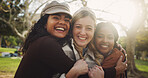 Group, happy and friends with hug outdoor on school break, discussion and laughing for funny joke in summer. Smile, people and students with embrace for education, bonding and reunion at campus park