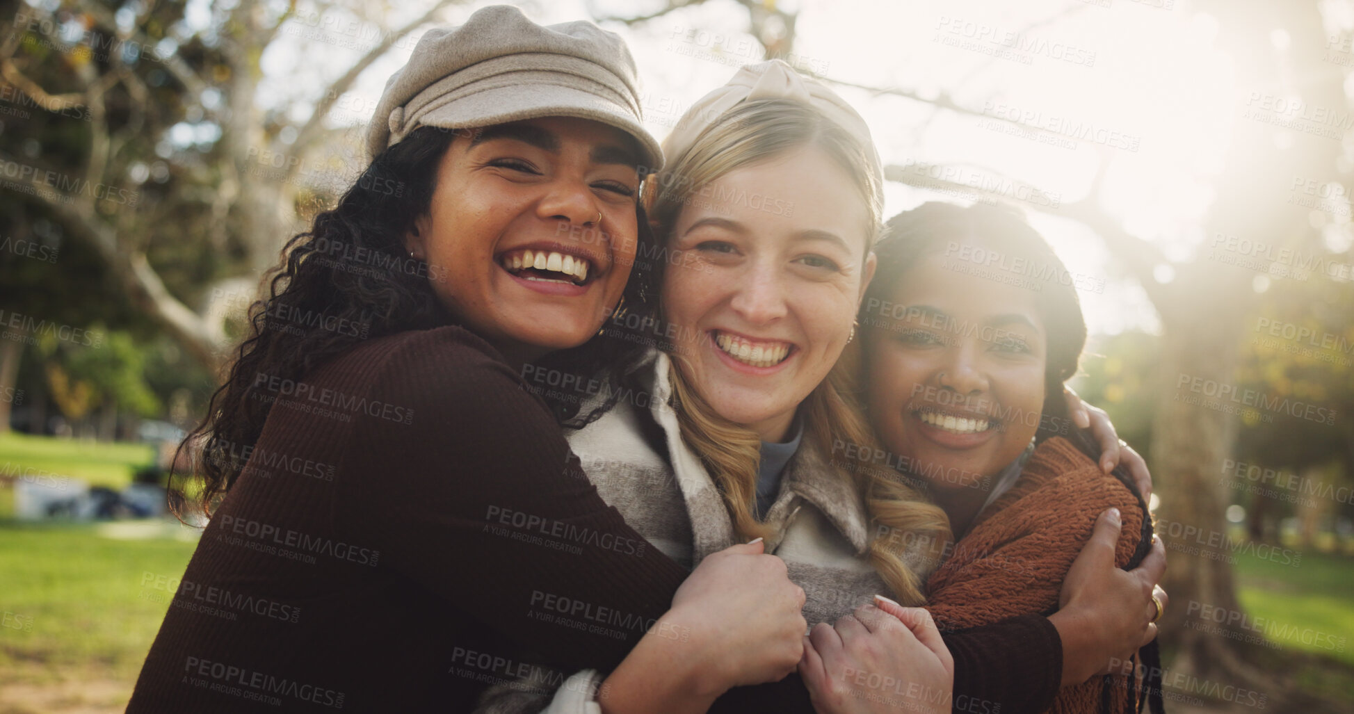 Buy stock photo Group, happy and friends with hug outdoor on school break, discussion and laughing for funny joke in summer. Smile, people and students with embrace for education, bonding and reunion at campus park