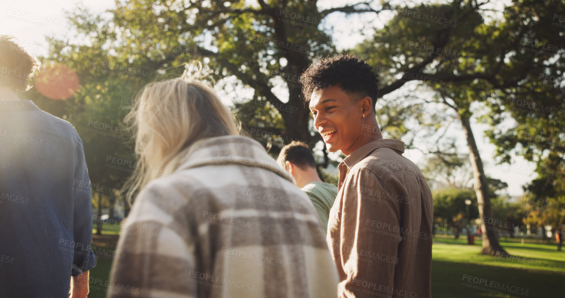 Buy stock photo Group, smile and friends to relax outdoor on school break, discussion and laughing for funny joke in summer. Happy, people and students with communication for education, bonding and reunion at park