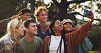 Group, friends or happy with selfie at park for bonding, profile picture update or social media post on holiday. Diversity gathering, people or smile for photography in nature for memory or adventure