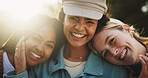 Girl, friends and happy with portrait in park for bonding, embrace and summer adventure with lens flare. Woman group, people and smile outdoor in nature with relax, holiday and caring with vacation