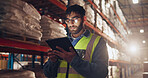 Checklist, stock and tablet with man in warehouse for online order of distribution or shipping for delivery. Logistics, storage and supply chain with person in depot for supply chan inspection