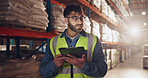 Stock, tablet and thinking with man in warehouse for online order of distribution or shipping for delivery. Checklist, logistics and supply chain with person in depot for inspection of inventory