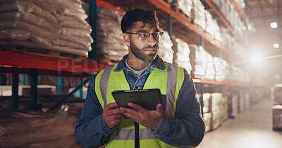 Buy stock photo Stock, tablet and thinking with man in warehouse for online order of distribution or shipping for delivery. Checklist, logistics and supply chain with person in depot for inspection of inventory