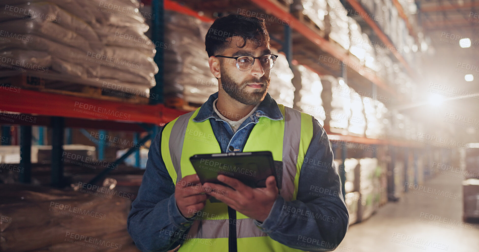 Buy stock photo Stock, tablet and thinking with man in warehouse for online order of distribution or shipping for delivery. Checklist, logistics and supply chain with person in depot for inspection of inventory