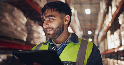 Buy stock photo Smile, stock and tablet with man in warehouse for online order of distribution or shipping for delivery. Inventory, logistics and supply chain with happy person in depot for checklist or inspection