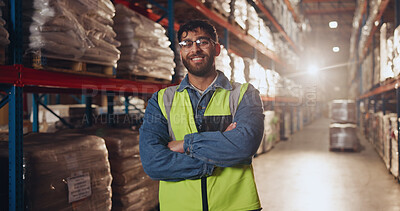 Buy stock photo Portrait, arms crossed and man with smile in factory, glasses or proud of supply chain or shipping. Logistics, vision and employee in warehouse for storage of stock, cargo or service of manufacturing