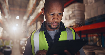 Buy stock photo Inventory, storage and tablet with black man in warehouse for online order of distribution or shipping for delivery. Checklist, inspection and supply chain with person in depot for cargo or logistics