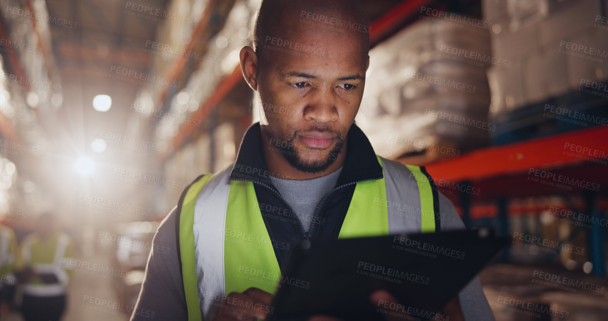 Buy stock photo Inventory, storage and tablet with black man in warehouse for online order of distribution or shipping for delivery. Checklist, inspection and supply chain with person in depot for cargo or logistics