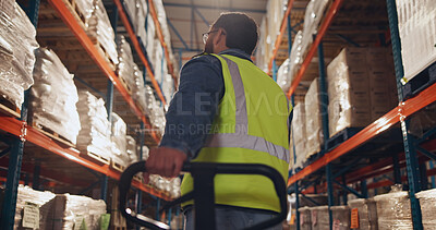 Buy stock photo Box, storage and man with trolley in warehouse for supply chain, logistics and inventory distribution. Dropshipping, supplier and picker with stock by shelf for order loading, shipping and delivery