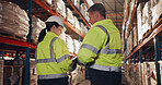 Logistics, colleagues and tablet in factory, inspector and inventory of stock for shipping and talking. Communication, helmet and people in warehouse for supply chain, team and inspection of cargo