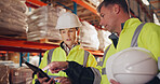 Logistics, team and tablet in warehouse for planning, inventory management and stock selection. Woman operations manager, man and tech in storage for safety information, feedback or export inspection