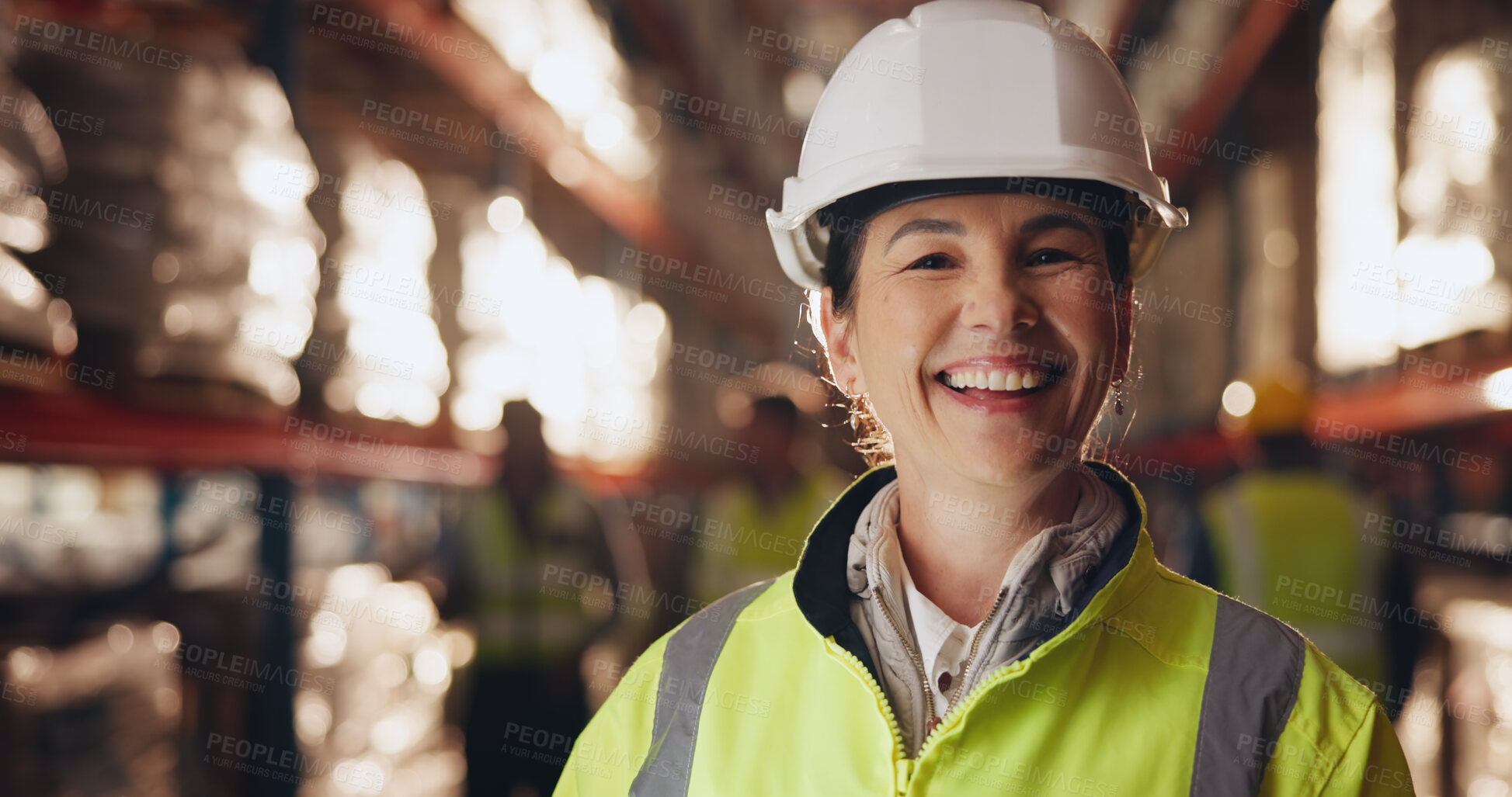 Buy stock photo Portrait, stock and storage with woman in warehouse for distribution, logistics or supply chain management. Delivery, inventory and smile with person in depot for backlog, order or shipment planning