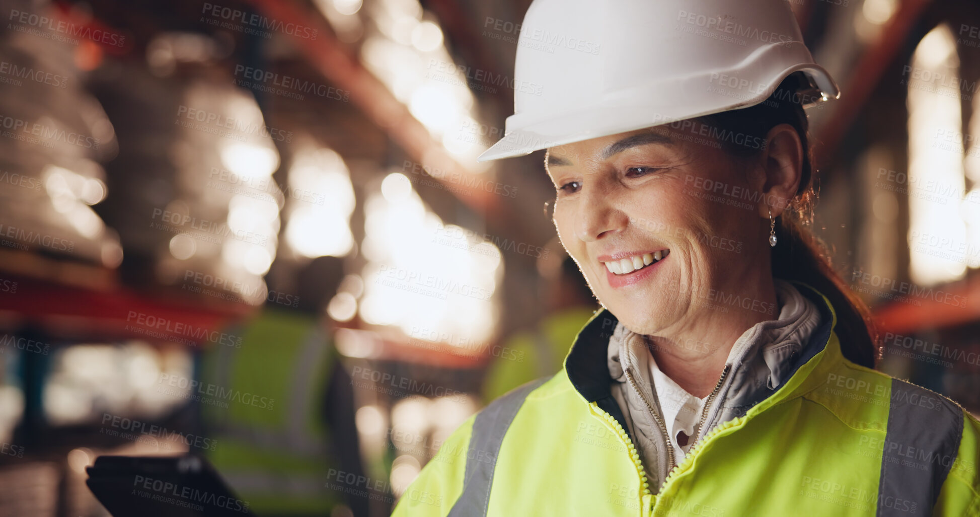 Buy stock photo Smile, storage and tablet with woman in warehouse for distribution, logistics or supply chain management. Delivery, inspection and inventory with person in depot for backlog, online order or shipping