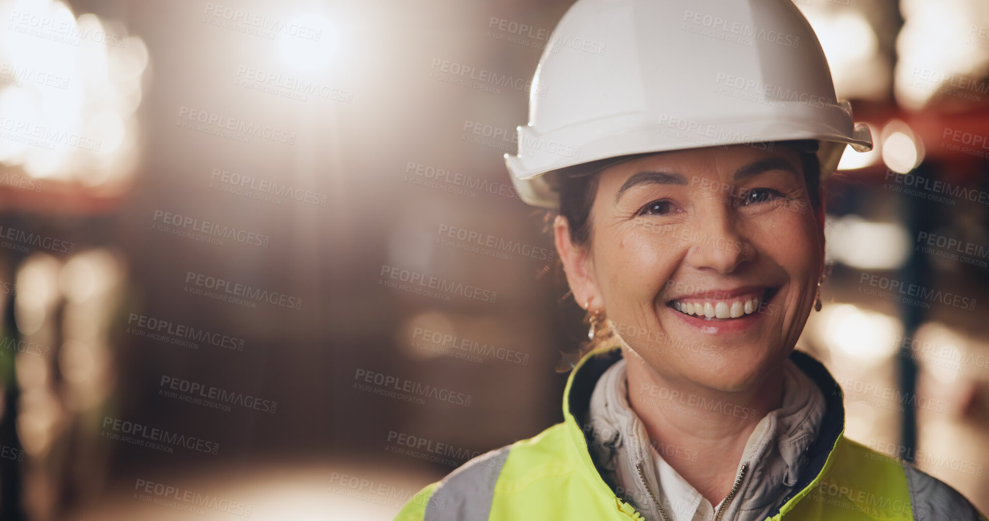 Buy stock photo Portrait, woman and smile in warehouse, logistics and confident of supply chain, service and happy. Helmet, shipping and maintenance of production in factory, business and cheerful person or industry