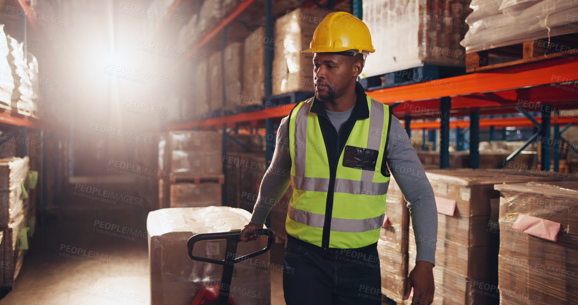 Buy stock photo Logistics, box and man with trolley in warehouse for supply chain, packaging or inventory distribution. Dropshipping, supplier and packer with helmet by shelf for order loading, picking or inspection