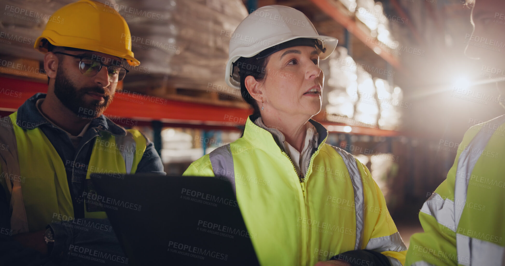 Buy stock photo Logistics, team or laptop in storage for planning, inventory management or stock control. Woman operations manager, men or tech in warehouse for safety information, discussion or inspection of export