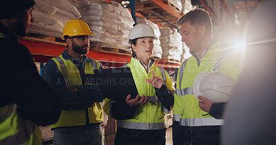 Buy stock photo Distribution, tablet and group in warehouse, teamwork and inventory with planning, logistics and supply chain. People, employees and supervisor with tech, cooperation and conversation with advice