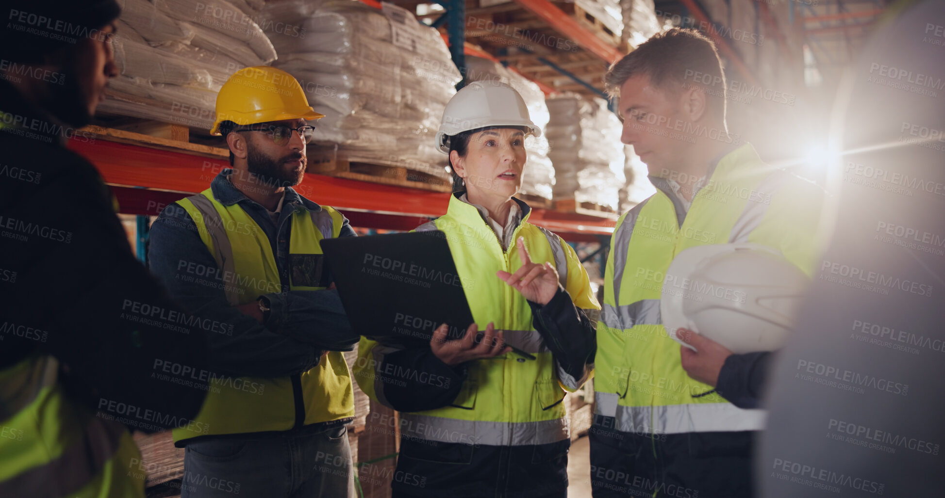 Buy stock photo Distribution, tablet and group in warehouse, teamwork and inventory with planning, logistics and supply chain. People, employees and supervisor with tech, cooperation and conversation with advice