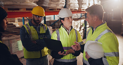 Buy stock photo Employees, tablet and group in warehouse, teamwork and inventory with connection. People, logistics and supervisor with tech, cooperation and conversation with supply chain, planning or distribution