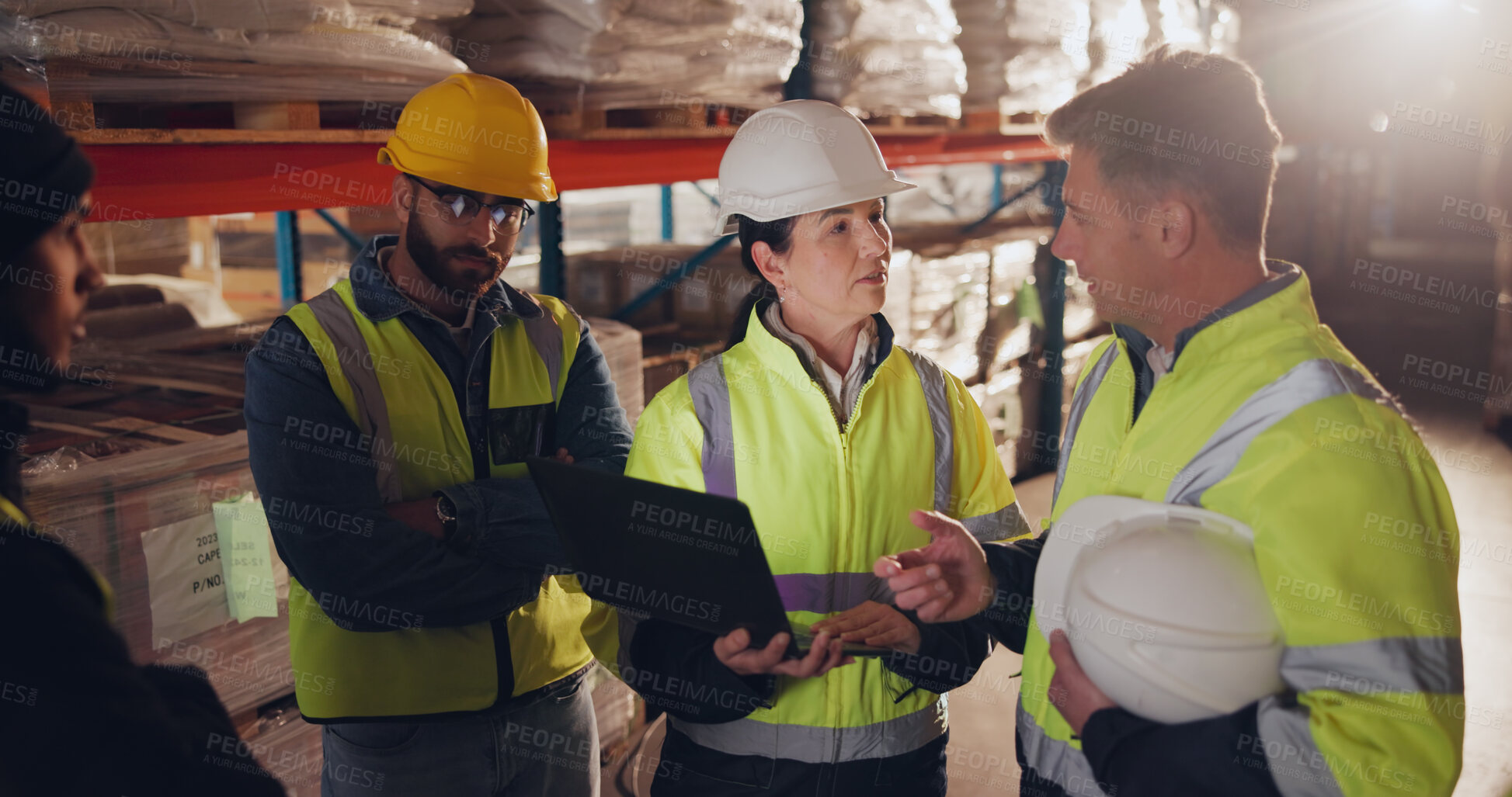 Buy stock photo Employees, tablet and group in warehouse, teamwork and inventory with connection. People, logistics and supervisor with tech, cooperation and conversation with supply chain, planning or distribution