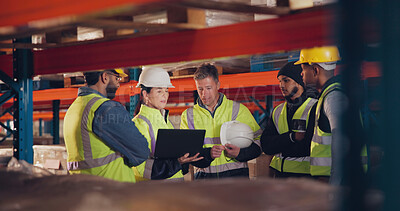 Buy stock photo Employees, tablet and group in warehouse, teamwork and inventory with connection. People, factory and supervisor with tech, cooperation and conversation with communication, planning and logistics