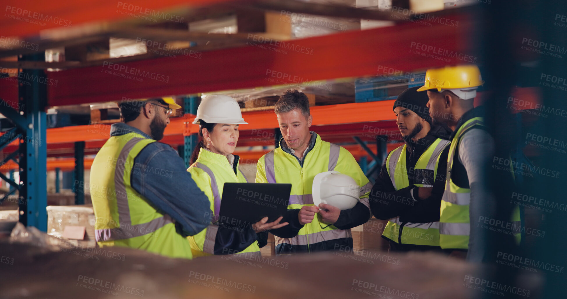 Buy stock photo Employees, tablet and group in warehouse, teamwork and inventory with connection. People, factory and supervisor with tech, cooperation and conversation with communication, planning and logistics