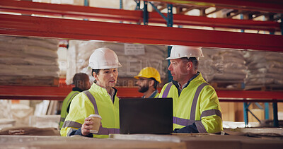 Buy stock photo Logistics, team or laptop in warehouse for checklist, inventory management or discussion. Woman operations manager, man or tech in storage for safety information, distribution or inspection of export