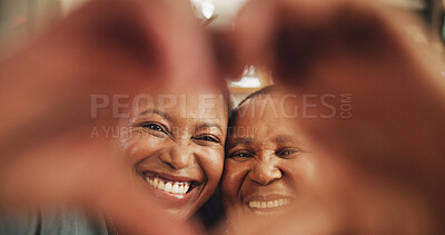 Buy stock photo Hands, heart and black family in portrait with love for care, support and kindness of bonding together. Happy, mother and daughter with affection sign for trust, gratitude and loyalty in house lounge