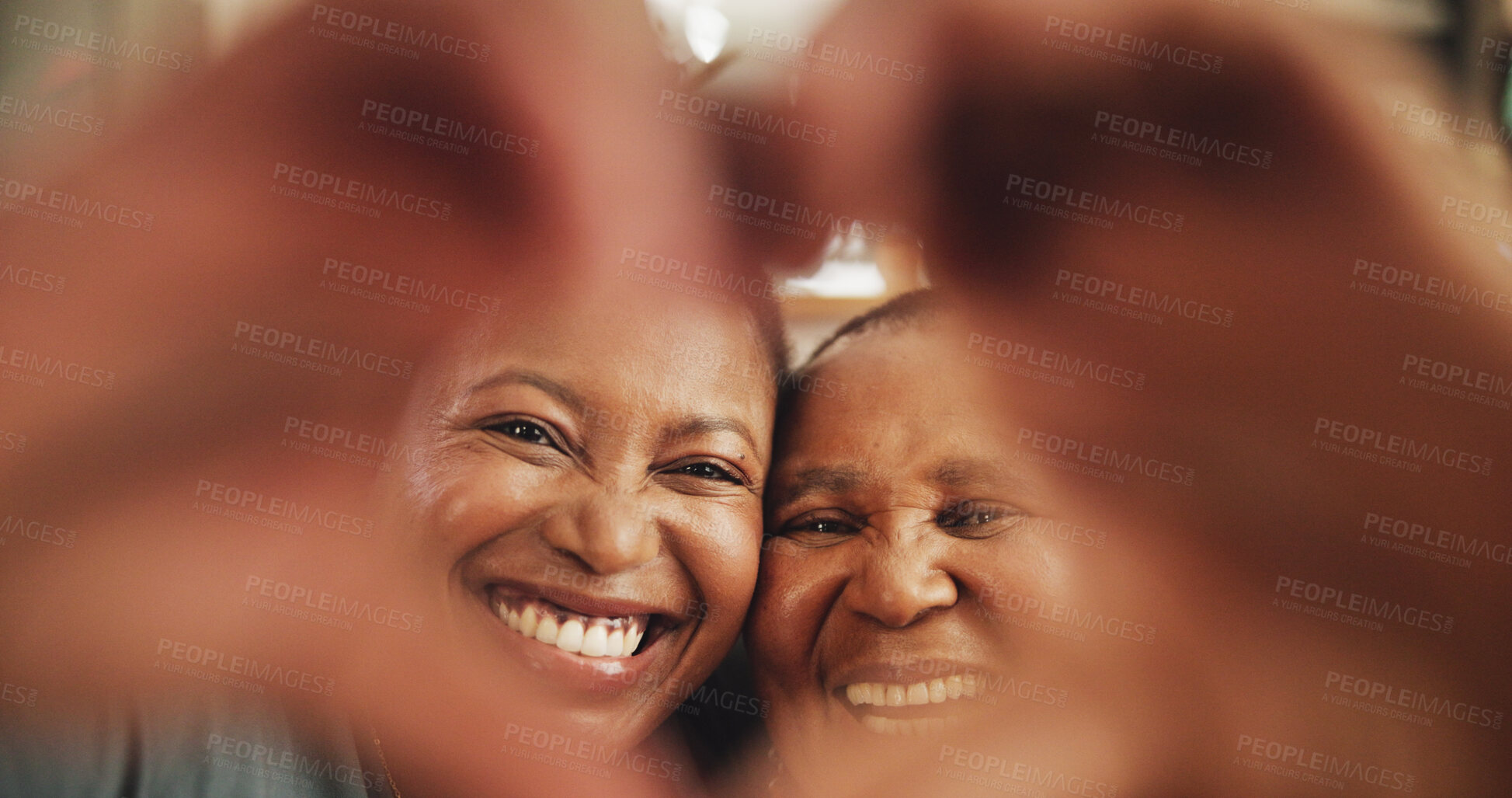 Buy stock photo Hands, heart and black family in portrait with love for care, support and kindness of bonding together. Happy, mother and daughter with affection sign for trust, gratitude and loyalty in house lounge