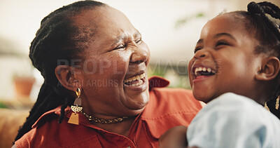 Buy stock photo Smile, grandmother and kid laughing at house for bonding, love and care together of family support. Happy, senior black woman and girl with embrace for funny joke, comic meme, retirement and lounge