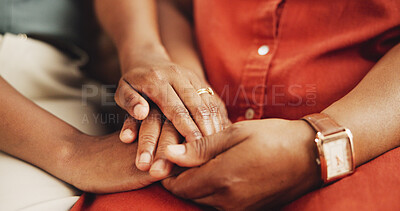 Buy stock photo People, holding hands and support on couch at house for empathy, comfort and consultation of depression news. Family, senior person and helping with trauma, anxiety and medical stress for compassion