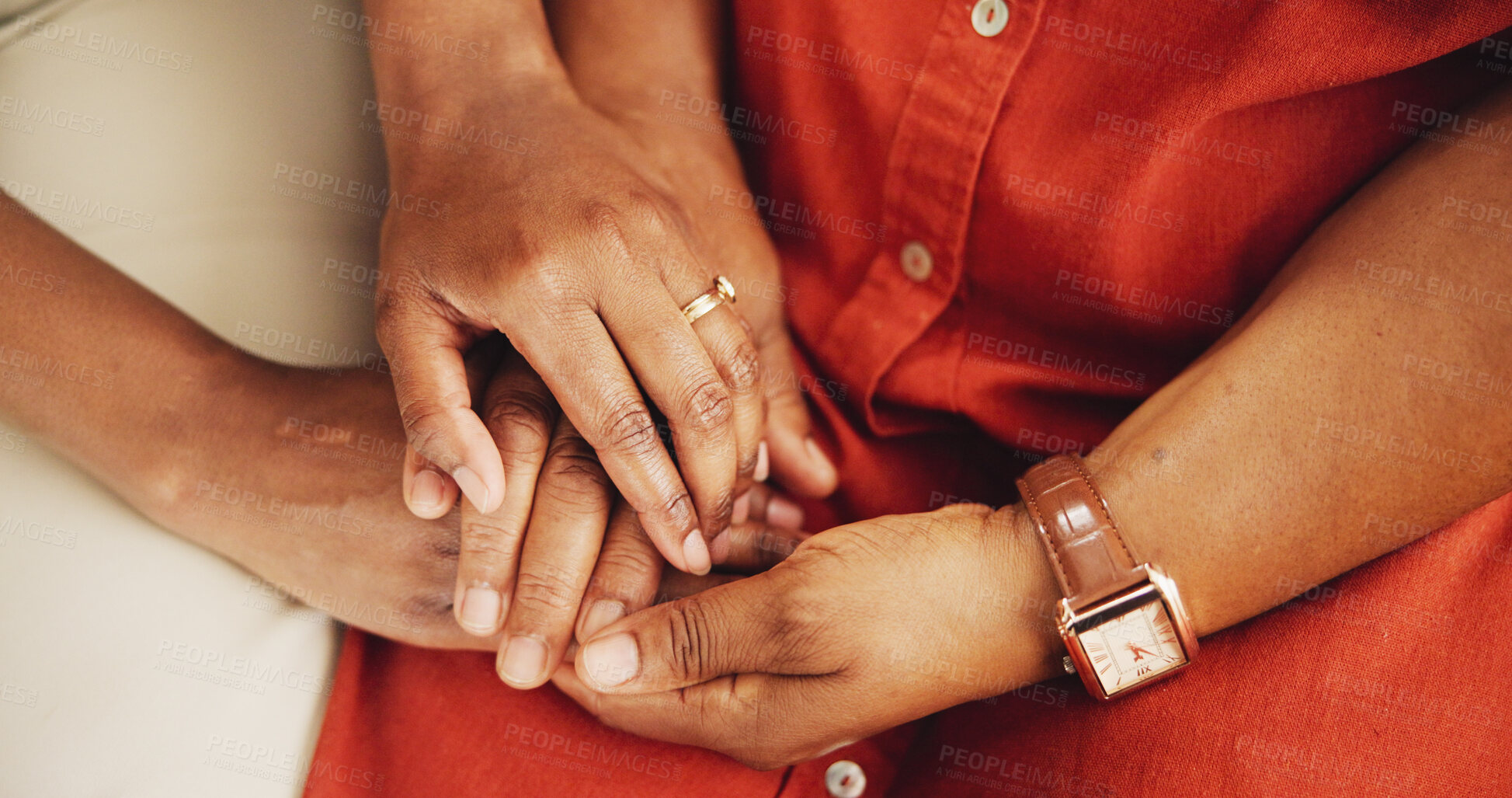 Buy stock photo Holding hands, family and support on couch at house for empathy, comfort and consultation of depression news. People, senior person and helping with trauma, anxiety and medical stress for compassion