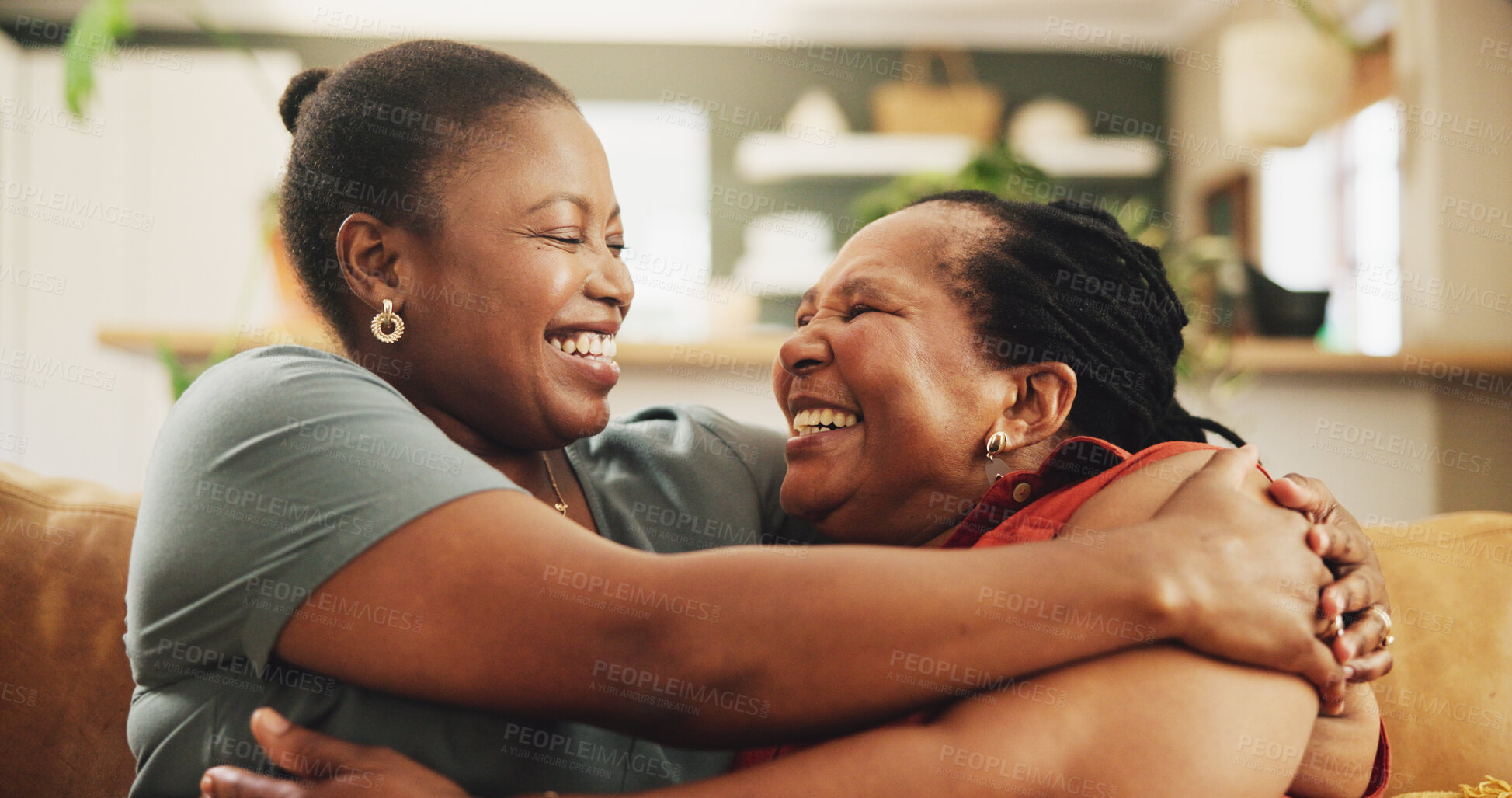 Buy stock photo Black family, happy and women on sofa for hug, love and support in living room. Elderly mother, daughter and embrace at home for care, surprise visit and reunion on couch with excitement and trust