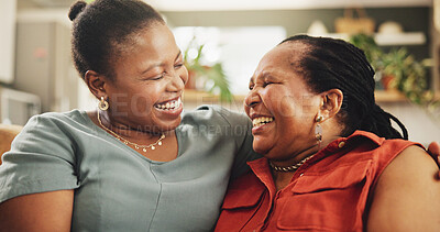 Buy stock photo Black family, smile and women on sofa for hug, love and support in living room. Senior mother, daughter and embrace at home for care, surprise visit and reunion on couch with happiness and trust