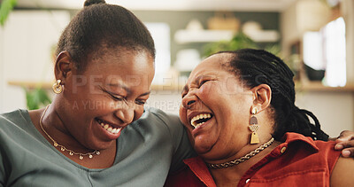 Buy stock photo Black family, laugh and women on sofa with hug, love and support in living room. Senior mother, daughter and joy at home for funny story, surprise visit and joke on couch with happiness and trust