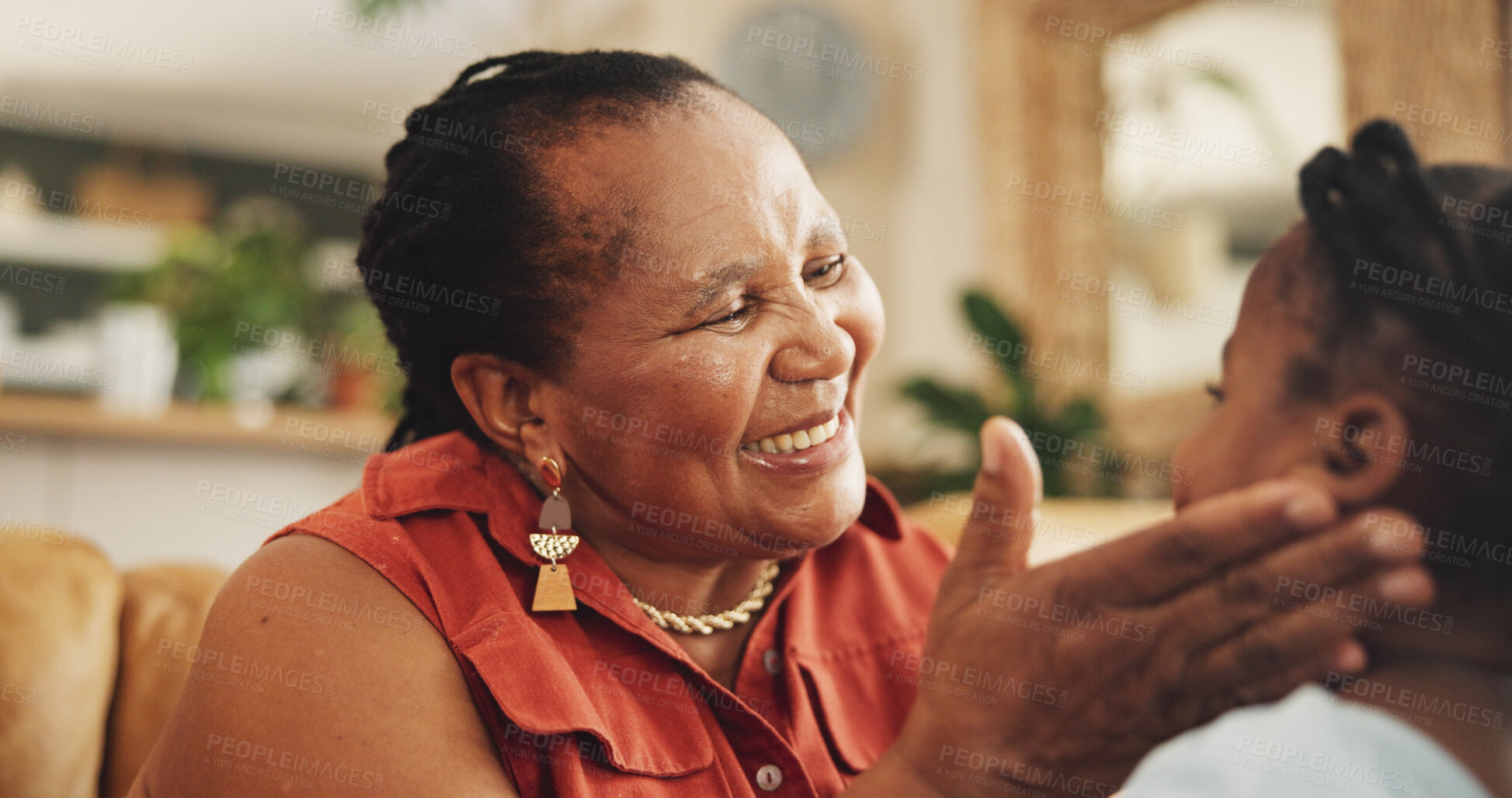 Buy stock photo Happy, grandmother and child with support at house for family bonding, affection and connection of care. Smile, senior and black woman with girl for embrace, love and relax together of childhood