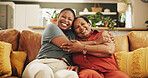 Happy, hug and portrait of black woman with senior mother on sofa in home for womens day celebration together. Smile, bonding and African female person embracing mom for connection in living room.