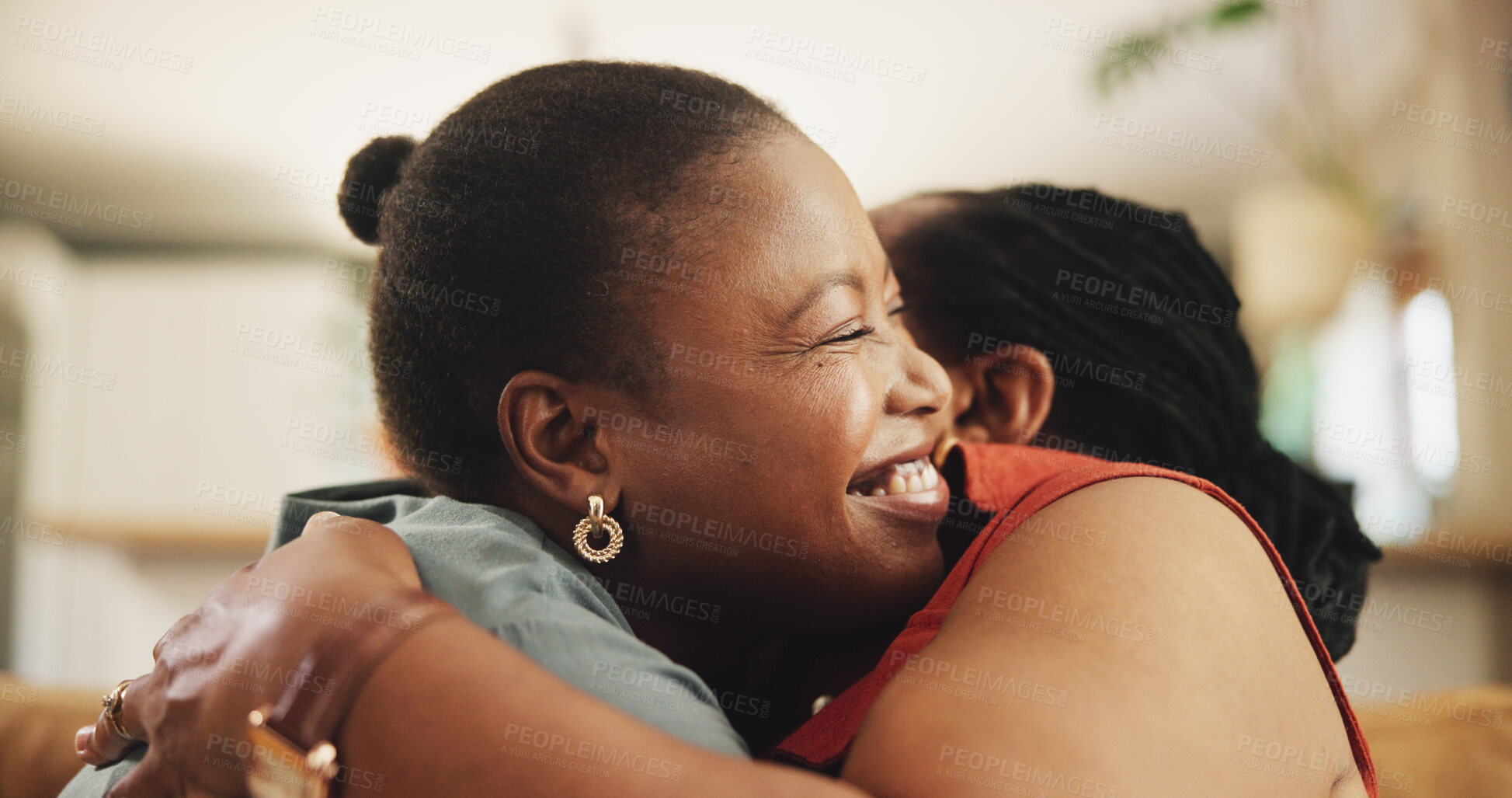 Buy stock photo Black family, hug and women on sofa for love, announcement or support in living room. Embrace, senior mother and daughter at home for care, surprise visit or reunion on couch with happiness and trust